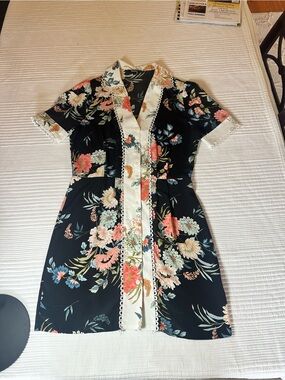Black Floral Trim Button-Front Mini Dress